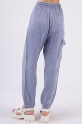 VERY J Women's Washed Crinkle Gauze Cargo Pants with Drawstring